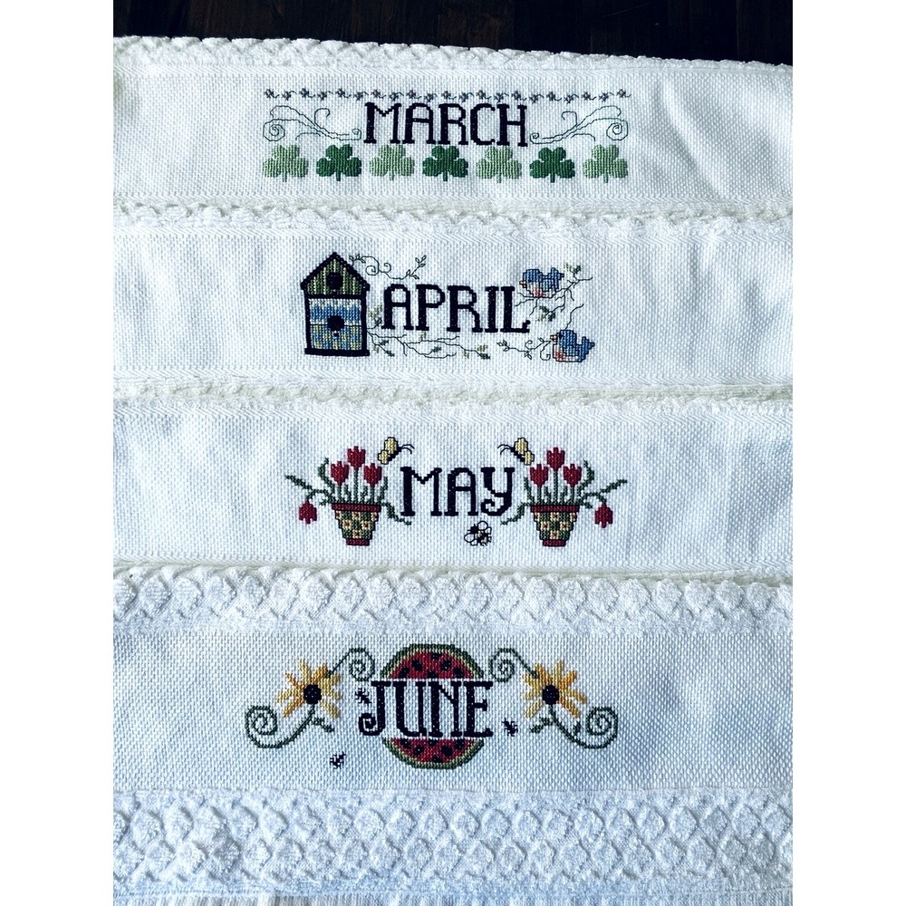 Vtg Cross Stitch Completed All 12 Months of the Year Dish Towels NEW - Picture 8 of 14